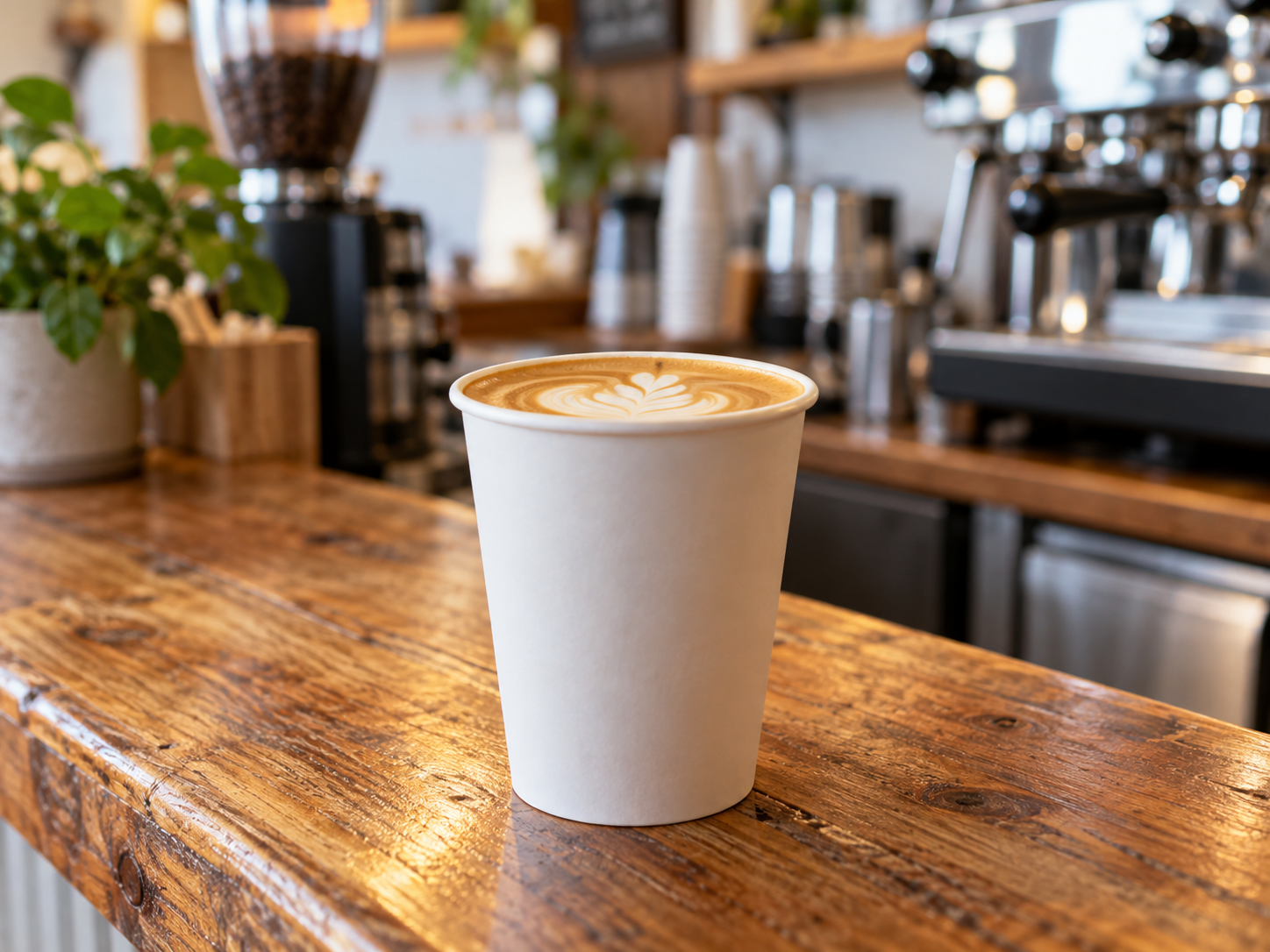 A takeaway latte on a neighborhood café counter
