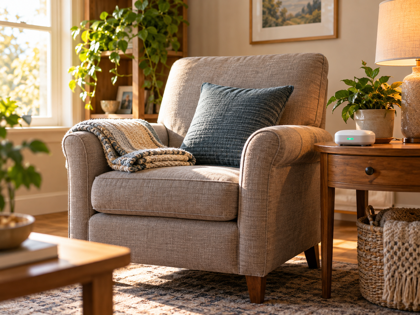 A home-care space with an armchair, blanket and reminder device