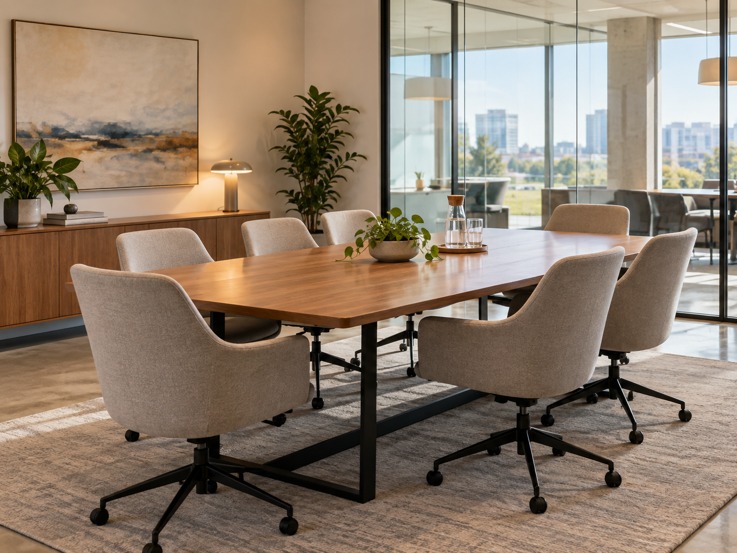 An office meeting room with a long table and six chairs