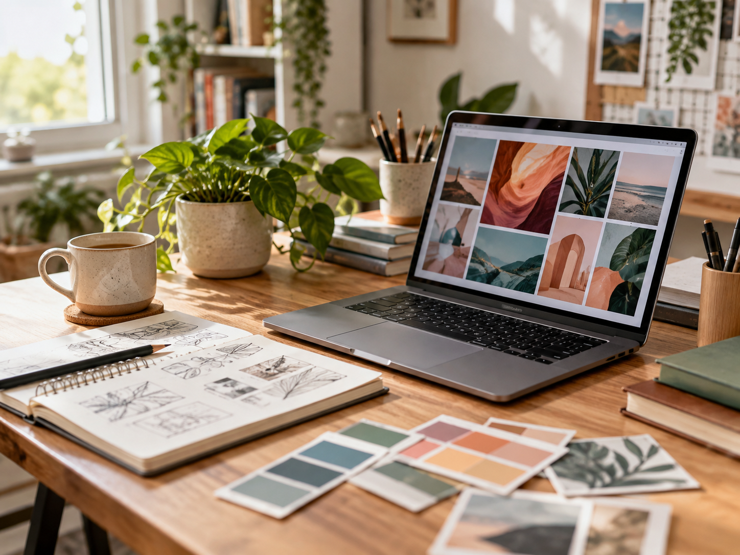A creative workspace with a laptop and sketchbook