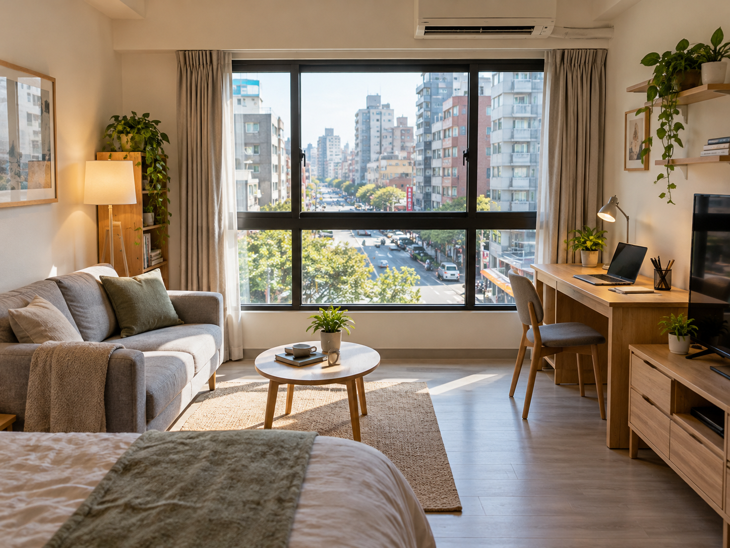 A bright rental studio facing a city street