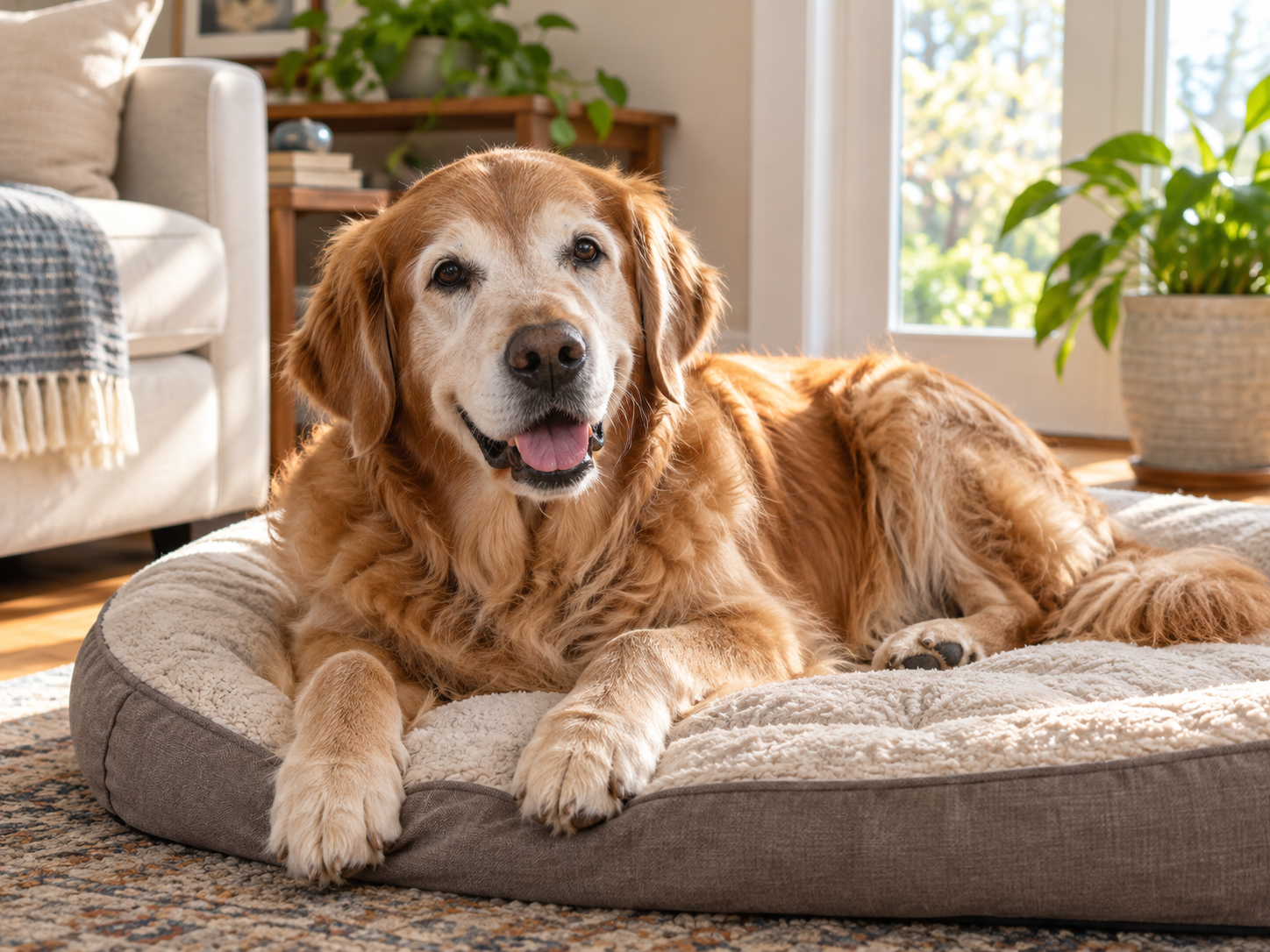 在家中狗床上休息的年長黃金獵犬